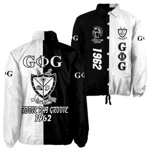 Chaqueta Groove Phi Groove Crossing, chaqueta blanca y negra con cabeza de troya, chaqueta Groove Phi Groove Fraternity Line, chaqueta con cruce de letras griegas
