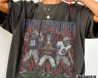 Camiseta de fútbol americano de Nueva Inglaterra con calavera, camiseta vintage de Drake Maye para fans, regalo para el día del partido de fútbol americano, camiseta de fútbol americano Christian Gonzalez Comfort Colors