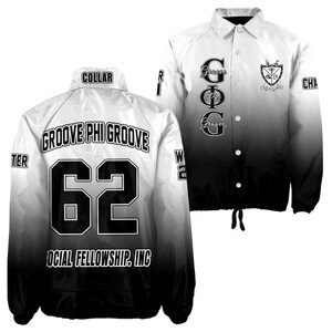 Groove Phi Groove Ombre Black and White Crossingジャケット、パーソナライズされたFraternity Lineジャケット、カスタムGΦGアパレル、彼へのDivine Nineギフト