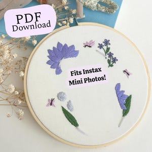 Purple Floral Embroidery Picture Frame PDF Pattern for Instax photo display DIY Handmade Gift Beginner springtime birthday best friends