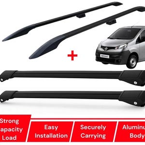 May include: Two sets of black roof rack crossbars for a silver van. The top set features curved ends, while the bottom set has straight, rectangular profiles. A red graphic at the bottom includes the text: Strong Capacity Load, Easy Installation, Securely Carrying, Aluminum Body.