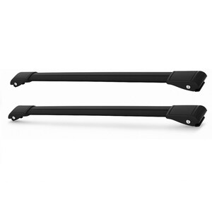 May include: Two black roof rack crossbars. Each bar has a rectangular profile with rounded ends and a textured finish. The ends feature a mounting mechanism with a silver-colored fastener. The bars are designed for vehicle roof mounting.