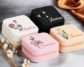 Bulk Gifts,Personalized Bridesmaid Birth Flower Jewelry Travel Box, Bridesmaid Gifts, Gift for her, Mother&#39;s Day Gift, Gift for Bridal Party