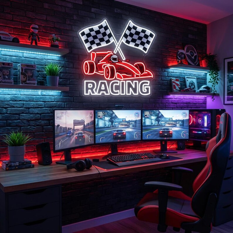 Led Racing Flag Race Car Neon Sign, Checkered Flag LED Light, Boys Bedroom Wall Art ...