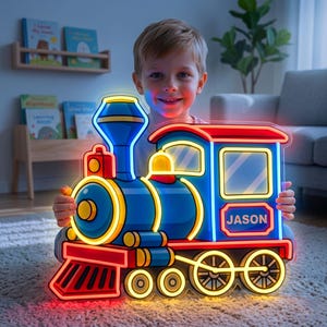 Custom Train Neon Sign, Personalized Name Led Light, Boys Bedroom Wall Decor, Toddler Night Light, Steam Locomotive Art, Gift for Kids Son