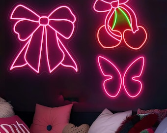 Placa de neon personalizada Y2K para decoração de quarto: luzes LED de laço rosa, cereja e borboleta, decoração de parede estética, arte de parede Y2K, decoração de dormitório, presente para ela