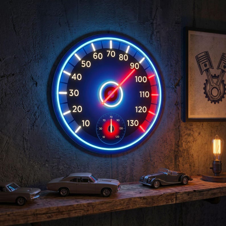 Peut inclure: Une horloge murale n&eacute;on bleue et rouge en forme de compteur de vitesse, avec des chiffres blancs et une aiguille rouge. L'horloge est fix&eacute;e sur un mur gris textur&eacute;, avec des mod&egrave;les de voitures sur une &eacute;tag&egrave;re en bois en dessous.