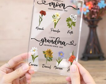 Personalized Flower Birth Month Acrylic Plaque, Mother&#39;s Day Gift for Grandma&Mom, First Mom Now Grandma Gift, Mom Gift, Mom Birthday Gift