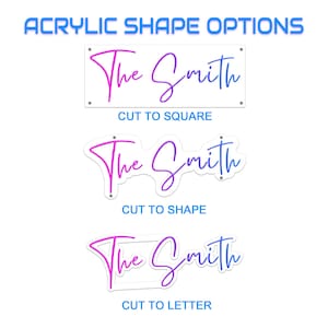 Pode incluir: Op&ccedil;&otilde;es de letreiros de acr&iacute;lico com o nome "The Smith" em uma fonte de script gradiente rosa e azul. Os letreiros est&atilde;o dispon&iacute;veis em op&ccedil;&otilde;es quadradas, de forma e de letras. O texto "ACRYLIC SHAPE OPTIONS" &eacute; azul.