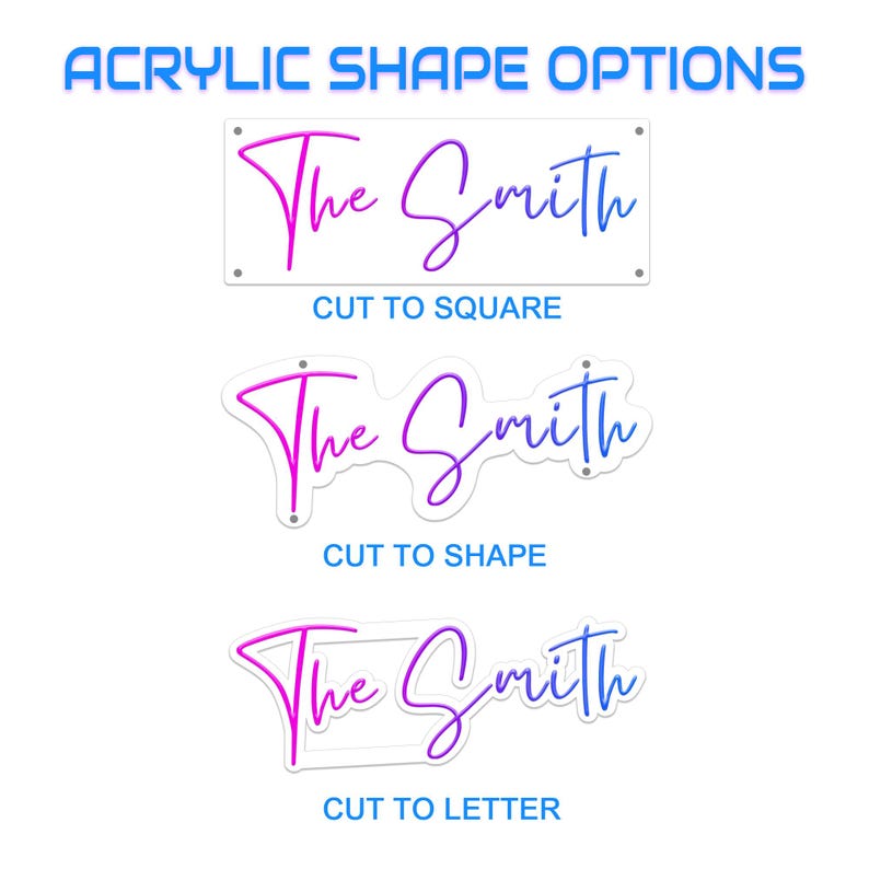 Pode incluir: Op&ccedil;&otilde;es de letreiros de acr&iacute;lico com o nome "The Smith" em uma fonte de script gradiente rosa e azul. Os letreiros est&atilde;o dispon&iacute;veis em op&ccedil;&otilde;es quadradas, de forma e de letras. O texto "ACRYLIC SHAPE OPTIONS" &eacute; azul.