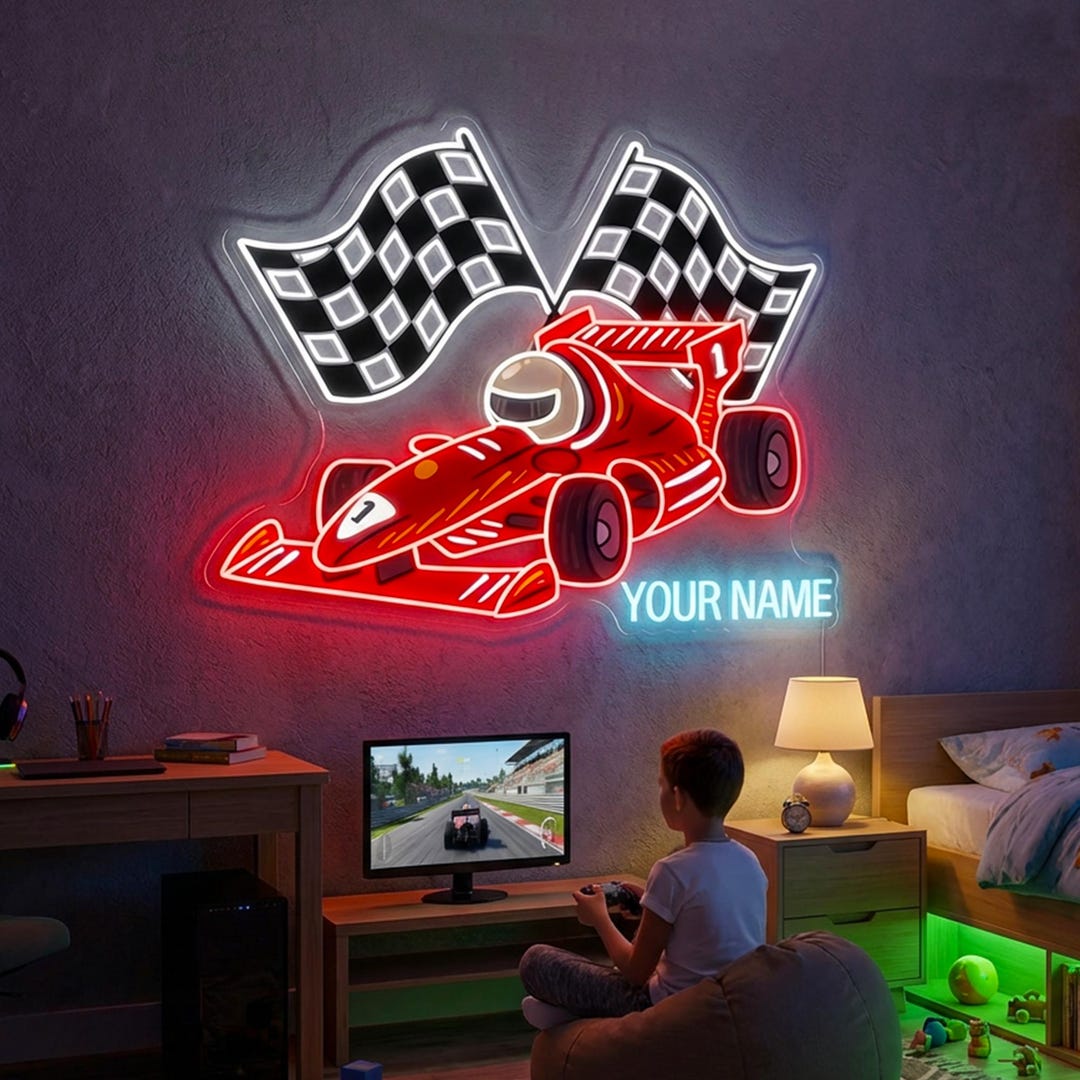 Custom Name Race Car Neon Sign, Personalized Checkered Flag LED Light ...