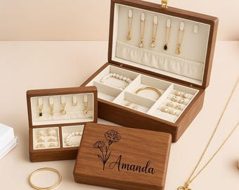 Custom Engraved Wooden Jewelry Box: Personalized Name & Birth Flower Keepsake, Mother's Day Gift for Mom