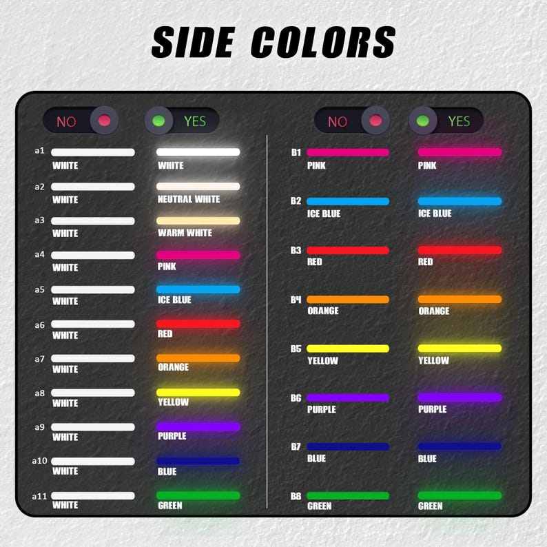 Pode incluir: Um gr&aacute;fico mostrando op&ccedil;&otilde;es de cores laterais com "CORES LATERAIS" no topo. A imagem exibe op&ccedil;&otilde;es de cores com op&ccedil;&otilde;es "N&Atilde;O" e "SIM" para cada cor, incluindo branco, rosa, azul gelo, vermelho, laranja, amarelo, roxo, azul e verde.