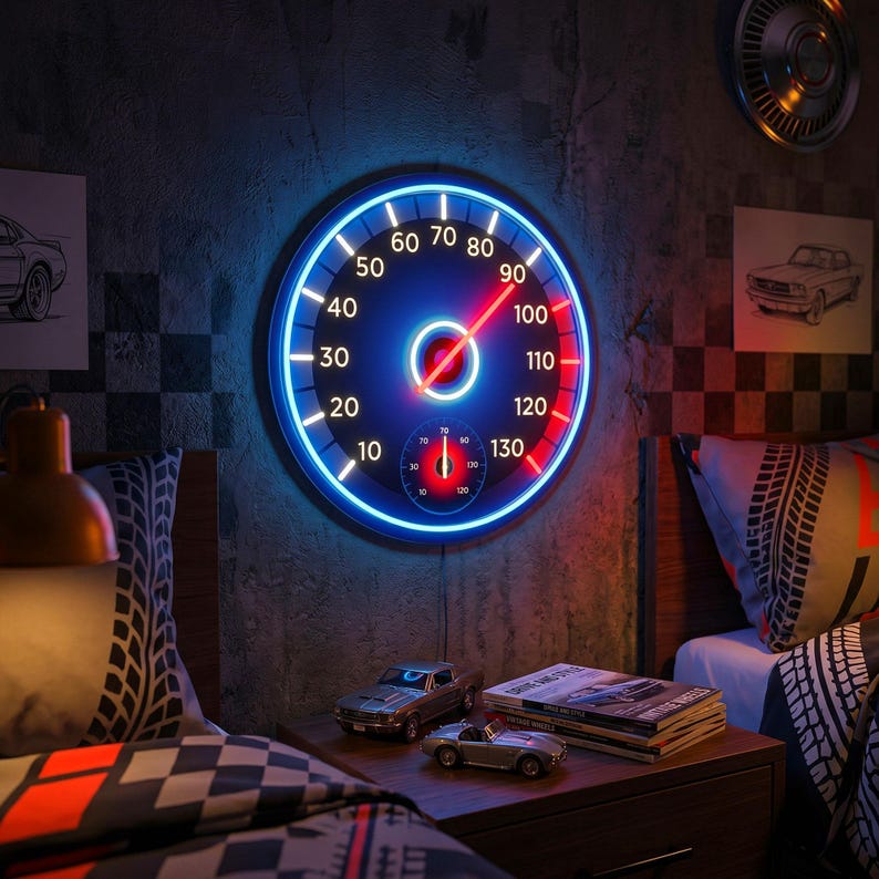Peut inclure: Une horloge murale n&eacute;on en forme de compteur de vitesse, avec un design bleu et rouge. Le cadran affiche des chiffres de 10 &agrave; 130. L'aiguille rouge indique 100. L'horloge est fix&eacute;e sur un mur gris textur&eacute;, avec des d&eacute;corations sur le th&egrave;me des voitures.