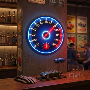 Peut inclure: Une horloge murale n&eacute;on en forme de compteur de vitesse, avec un design bleu et rouge, affichant des chiffres jusqu'&agrave; 130. L'horloge est mont&eacute;e sur un pilier textur&eacute;, avec des mod&egrave;les de voitures miniatures et des affiches de course vintage en arri&egrave;re-plan.
