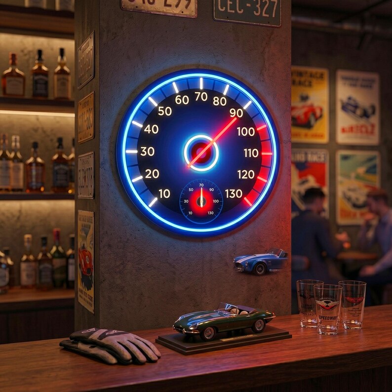 Peut inclure: Une horloge murale n&eacute;on en forme de compteur de vitesse, avec un design bleu et rouge, affichant des chiffres jusqu'&agrave; 130. L'horloge est mont&eacute;e sur un pilier textur&eacute;, avec des mod&egrave;les de voitures miniatures et des affiches de course vintage en arri&egrave;re-plan.