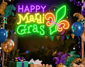 Happy Mardi Gras Neon Sign, Custom LED Sign Mardi Gras Party Home Decor, Fleur De Lis Neon Sign, Carnival  Decor