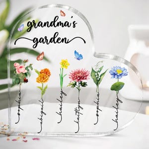 Grandma Gift, Personalized Grandma&#39;s Garden Gift For Grandma, Mother&#39;s Day Gift For Grandma, Birth Month Flower Heart Acrylic Plaque