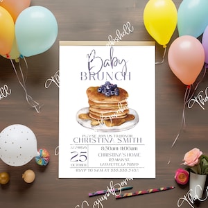 Editable Baby Shower Brunch Invitation Template with Pancake Design, Digital Download Baby Sprinkle Invite Editable on Canva