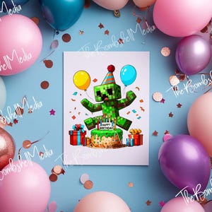 May include: A birthday-themed illustration featuring a green pixelated character with a party hat, holding balloons, and standing in front of a cake. The image is surrounded by colorful balloons and confetti on a light blue background.
