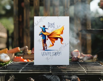 Tarjeta del Día del Padre de superhéroe: Ilustración de papá e hijo (Descarga digital)