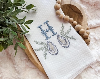 Embroidered Oyster Shell Hand Towel: Monogrammed Coastal Kitchen Decor