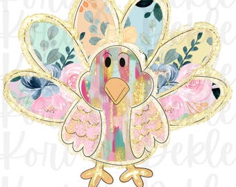 May include: A colourful turkey with a floral pattern on its feathers. The turkey is outlined in gold glitter and has a pink body with a yellow beak.