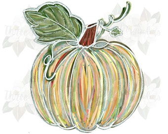 Peut inclure: Une citrouille peinte à la main avec une feuille verte et une tige brune. La citrouille est peinte dans des tons de jaune, d'orange et de vert, avec un contour blanc.