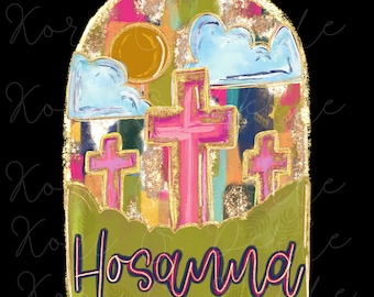 Puede incluir: Una ilustración digital colorida de tres cruces rosas con un contorno dorado, sobre un fondo de formas abstractas coloridas y nubes. El texto "Hosanna" está escrito en negrita, en negro, sobre un fondo verde.