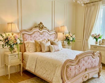 SOLD!  Antique Louis XV Style Pink Floral Headboard and Footboard Set, French Provincial Bed Frame