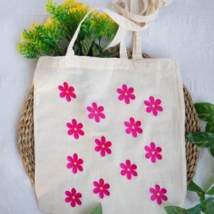 Magenta Blumen bestickte Einkaufstasche, Blumen-Einkaufstasche, süße Einkaufstasche, ästhetische Einkaufstasche, Blumenmuster-Einkaufstasche, Einkaufstasche als Geschenk
