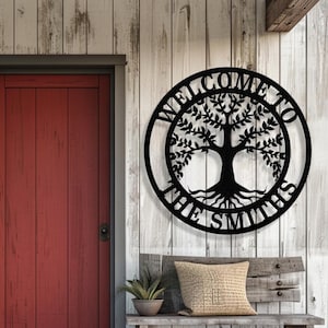 Personalized Metal Welcome Sign with Family Tree of Life Design, Custom Wall Art, Olive Tree Door Sign, Home Decor Wall Hanging