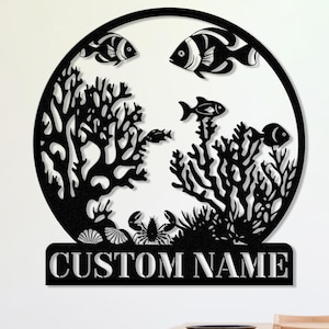 Decorazione murale in metallo personalizzata con luci a LED, decorazione murale in metallo con barriera corallina, cartello in metallo con barriera corallina, cartello per acquario, regalo per amanti dei pesci