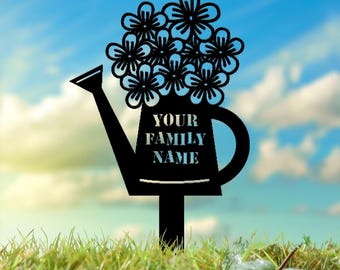 Watering Can Family Name Garden Metal Stake, Personalized  Family Name Yard Sign, Outdoor Door Decor, Garden Art, Gift for Garden Lovers