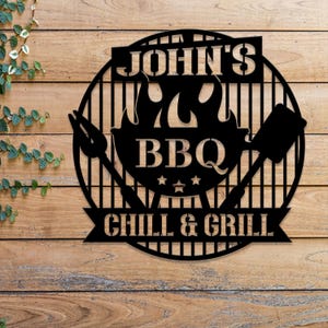 Personalisiertes Chill & Grill Metallschild mit LED-Licht, Grillschild, Bar und Terrasse Dekor für die Küche im Freien