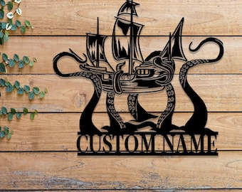 Custom Ship Octopus Metallwandkunst mit LED-Licht - Personalisiertes Kraken Octopus Namensschild - Ozean-Sea Monster Dekoration Geschenk