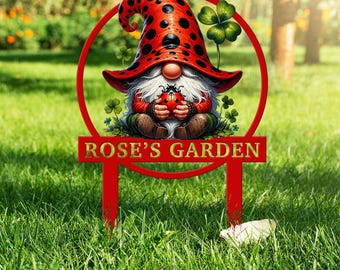 Personalized Ladybug Garden Gnome Yard Stake, Custom Gnome Gifts, Gnome Metal Art, Yard Decor, Outdoor Lawn Decor, Garden Yard Art