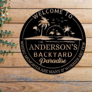 Custom Tropical Patio Metal Sign, Custom Backyard Pool Sign, Family Welcome Sign, Aloha Palm Tree Decor, Beach House Decor, Oasis Sign