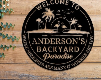 Custom Tropical Patio Metal Sign, Custom Backyard Pool Sign, Family Welcome Sign, Aloha Palm Tree Decor, Beach House Decor, Oasis Sign