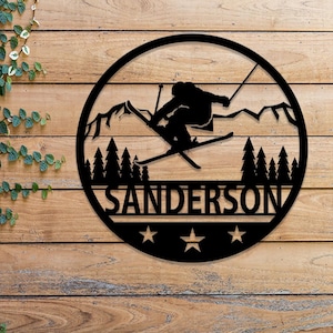 Custom Skiing Metal Sign with LED Lights - Personalized Ski Wall Art - Skier Gift & Monogram - Ski Home Decor Snow Skiing Sign