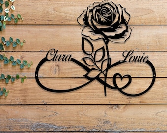 Personalized Infinity Rose Led Light Metal Sign, Couple Name Sign