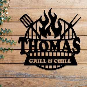 Benutzerdefinierte Backyard BBQ Metallschild mit LED-Licht, personalisiertes Grillschild, Grill im Freien Wanddekoration