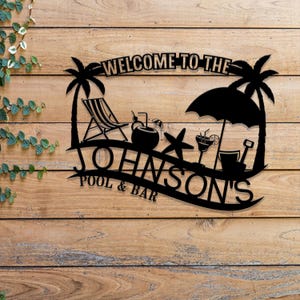 Custom Tropical Patio Metal Bar Sign, Backyard Pool Sign, Family Welcome Sign, Aloha Palm Tree Decor, Beach House Oasis Sign