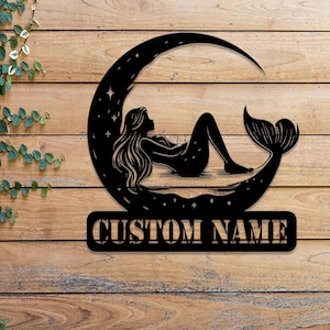 Mermaid On The Moon Metal Sign with LED Lights, Custom Mermaid Neon Wall Decor, Personalized Mermaid Metal Wall Hanging for Home Decoration