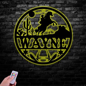 Letrero personalizado con nombre de vaquero a caballo con LED, decoración de pared de metal personalizada para cuna occidental, regalo de cumpleaños para baby shower de niño y niña