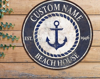 Custom Retro Anchor Metal Sign, Personalized Name Plaque, Beach House Decor, Family Nautical Wall Art, Coastal Home Decoration, Sea Gift