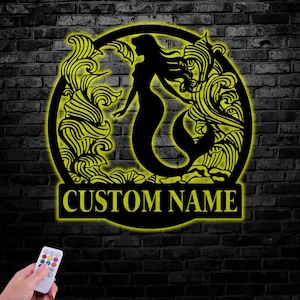 Mermaid Metal Sign with LED Lights, Custom Mermaid Neon Wall Decor, Personalized Mermaid Metal Wall Hanging for Home Decoration