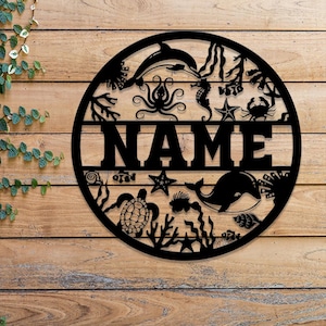 Custom Sealife Animals Name Sign, Metal Ocean Sign, Ocean Themed Metal Wall Art, Ocean Nursery Decor, Sealife Name Sign, Kid&#39;s Nursery Decor