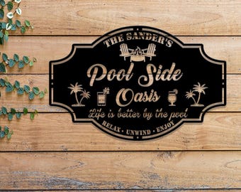 Personalized Poolside Paradise Sign with LED Light, Custom Backyard Pool Sign, Family Welcome Sign, Aloha Palm Tree Decor, Beach House Decor