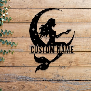 Mermaid On The Moon Metal Sign with LED Lights, Custom Mermaid Neon Wall Decor, Personalized Mermaid Metal Wall Hanging for Home Decoration